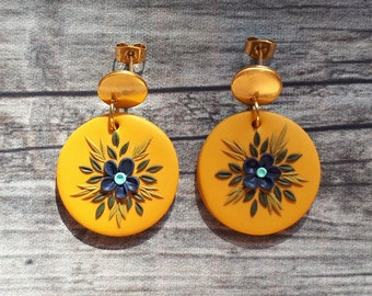 Mustard yellow blue floral clay earrings with vibrant color, dangle flower polymer clay earrings, Birthday gift, Valentine's Gift for her