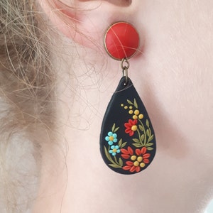 Polymer clay jewelry, Embroidered earrings with flower, ethnic boho earrings for her, mom, girlfriend birthday gift