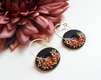 Tiny circle earrings with hoops, Polymer clay floral earrings in black, clay flower jewelry, Boho hoop earrings, Mother's day Gift