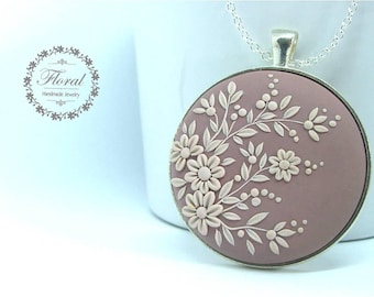 Flower Necklace, Flower Jewelry, Flower Necklace Silver, Flower Girl Necklace, Polymer Clay Jewelry, Gift for Wife, Romantic Wife Gift