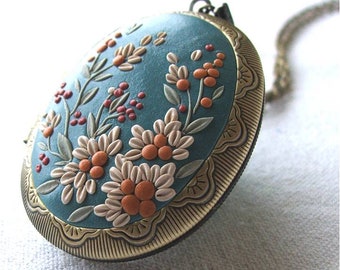 Handmade Turquoise Floral Locket Necklace, Polymer Clay Applique