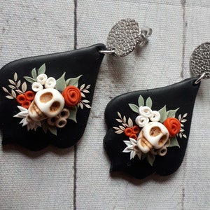 Brincos de argila de polímero para Halloween, brincos de caveira de açúcar, joias de Halloween, brincos de Catrina para o Dia dos Mortos, Dia de los Muertos