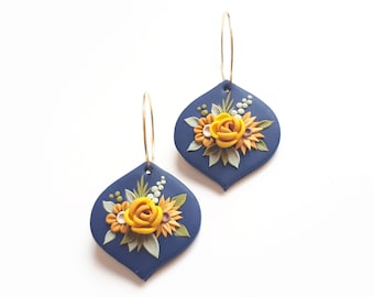 Rose flower Floral Bouquet Earrings, Polymer Clay Earrings, Flowerl Clay Earrings, Handmade Blue Yellow Earrings Christmas Gift