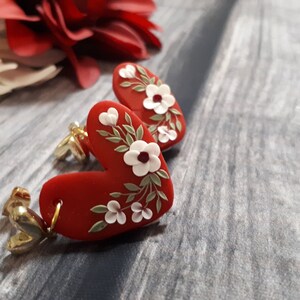 Valentine's Day earrings gift Red Heart polymer clay stud earrings with clay white florals, Valentine's Day gift for her image 2