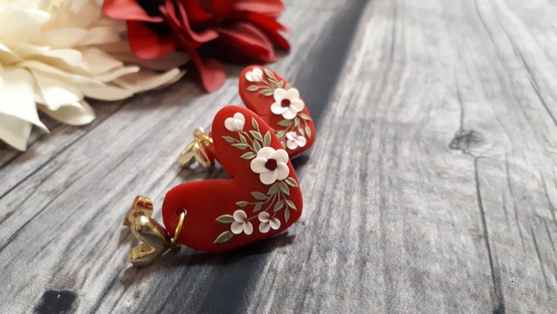 Valentine's Day earrings gift Red Heart polymer clay stud earrings with clay white florals, Valentine's Day gift for her image 2