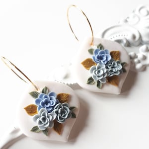 Blue Floral Bouquet Polymer Clay Earrings with gold hoop
