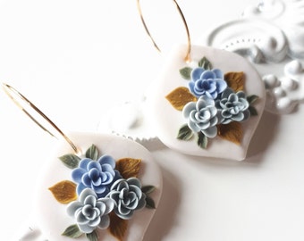 Blue Floral Bouquet Polymer Clay Earrings with gold hoop