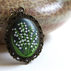 Lily of the valley Jewelry- Flower Polymer Clay Jewelry- Jewelry made with Flowers- Spring Flower Pendant- Green, White