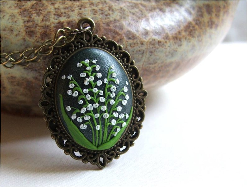 Lily of the valley Jewelry Flower Polymer Clay Jewelry Jewelry made with Flowers Spring Flower Pendant Green, White image 1