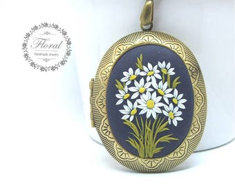Collier médaillon marguerite personnalisé, médaillon photo, pendentif floral en pâte polymère