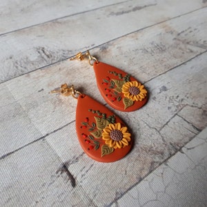 Nature Sunflower earrings, Sunflower Clay earrings, boho polymer clay earrings, flower dangle earrings, Sunflower Mother's day gift for image 6