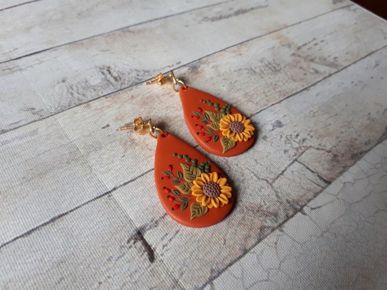 Nature Sunflower earrings, Sunflower Clay earrings, boho polymer clay earrings, flower dangle earrings, Sunflower Mother's day gift for image 6