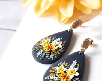 Polymer Clay Earrings Daffodil earrings stainless steel gold statement earrings made of polymer clay