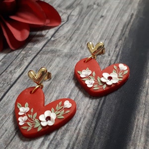 Valentine's Day earrings gift Red Heart polymer clay stud earrings with clay white florals, Valentine's Day gift for her image 4