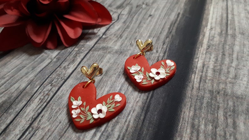 Valentine's Day earrings gift Red Heart polymer clay stud earrings with clay white florals, Valentine's Day gift for her image 4