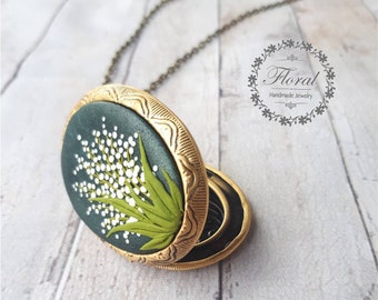 Lily of the valley necklace Large oval locket, Mothers day gift Personalized locket for mom, grandma, great nana gift