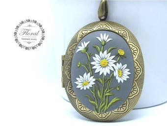 Collier médaillon marguerite fait main, médaillon photo de style vintage, cadeau de fête des mères