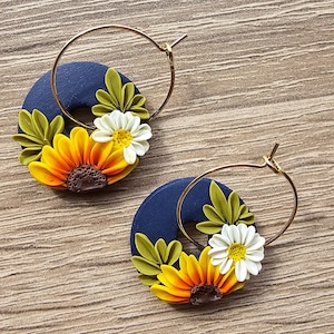 Tiny circle earrings with hoops, Polymer clay sunflower earrings in navy blue, clay daisy jewelry, Boho hoop earrings, Mother's day Gift