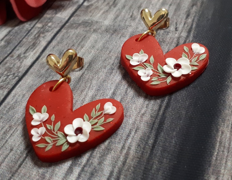 Valentine's Day earrings gift Red Heart polymer clay stud earrings with clay white florals, Valentine's Day gift for her image 1