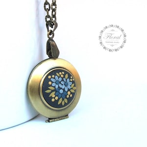 Blue forget me not necklace gift for her, small photo locket 21st birthday gift for girlfriend