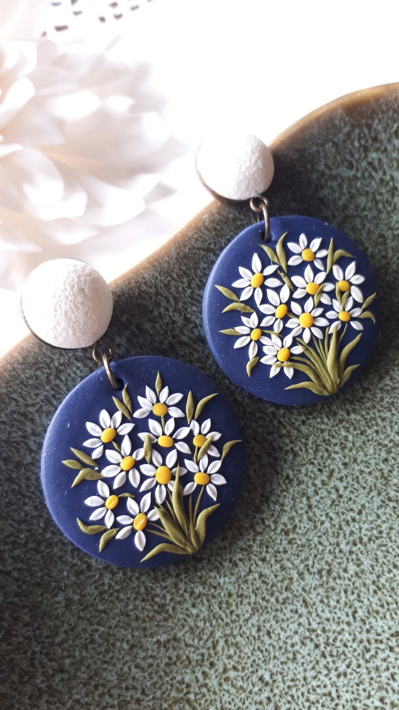 Large Daisy Dangle Polymer Clay Earrings, Mom Christmas gift from daughter, Wife gift image 3