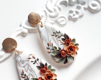 Autumn Flower Earrings, Statement Elegant Polymer Clay Earrings, Fall earrings, Birthday earrings, Earrings for Mom Mother&#39;s day gift
