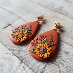 Nature Sunflower earrings, Sunflower Clay earrings, boho polymer clay earrings, flower dangle earrings, Sunflower Mother's day gift for image 1