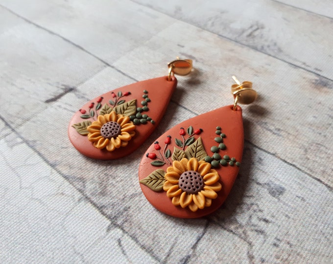 Nature Sunflower Earrings Sunflower Clay Earrings Boho Etsy