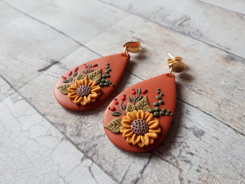 Nature Sunflower earrings, Sunflower Clay earrings, boho polymer clay earrings, flower dangle earrings, Sunflower Mother's day gift for image 1