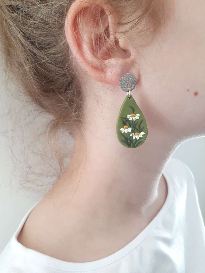 Mustard yellow and green large dangle earrings, Flower stud earrings, Boho polymer clay earrings, 21th Birthday gift for girlfriend for mom image 4