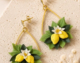 Handmade Lemon Blossom Earrings, Botanical Floral Drop Jewelry, Cottagecore Summer Fruit