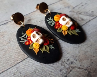 Polymer clay earrings, Sugar skull earrings, Halloween jewelry, Day of the dead earrings, Dia de los Muertos  clay skull with flowers