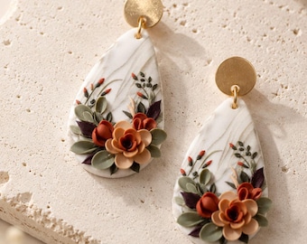 Flower Earrings, Statement Elegant Polymer Clay Earrings, Fall earrings, Birthday earrings, Earrings for Mother