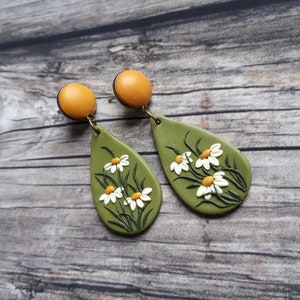 Mustard yellow and green large dangle earrings, Flower stud earrings, Boho polymer clay earrings, 21th Birthday gift for girlfriend for mom image 7