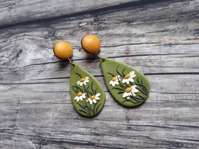 Mustard yellow and green large dangle earrings, Flower stud earrings, Boho polymer clay earrings, 21th Birthday gift for girlfriend for mom image 7