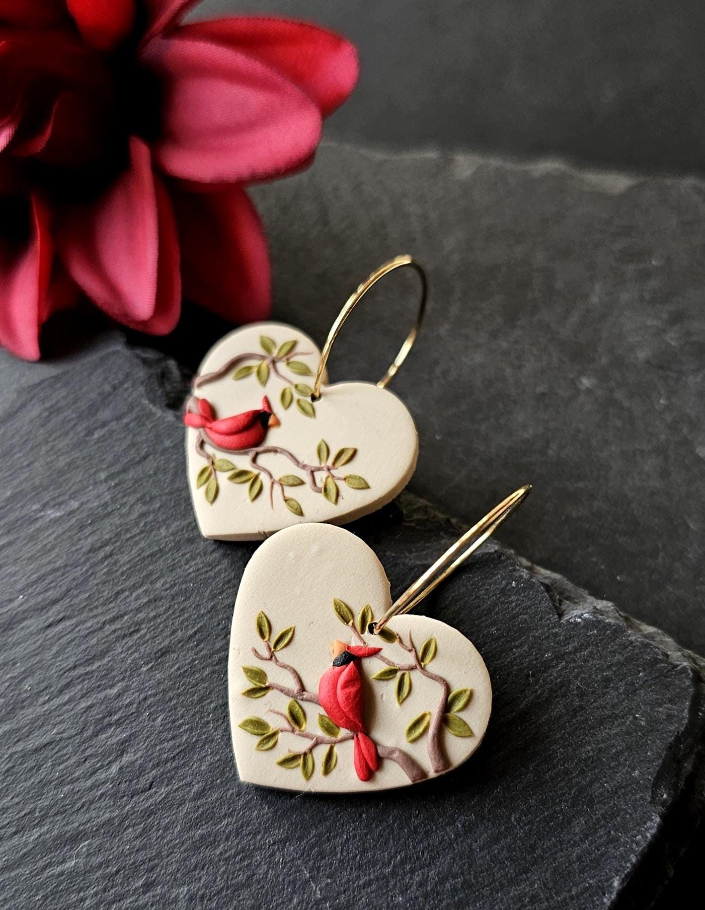 Red Cardinal Heart Earrings, Bird Hoop Earrings, Valentine Gift for Her ...