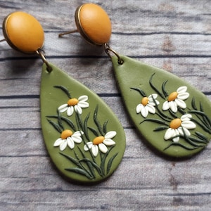 Mustard yellow and green large dangle earrings, Flower stud earrings, Boho polymer clay earrings, 21th Birthday gift for girlfriend for mom image 9