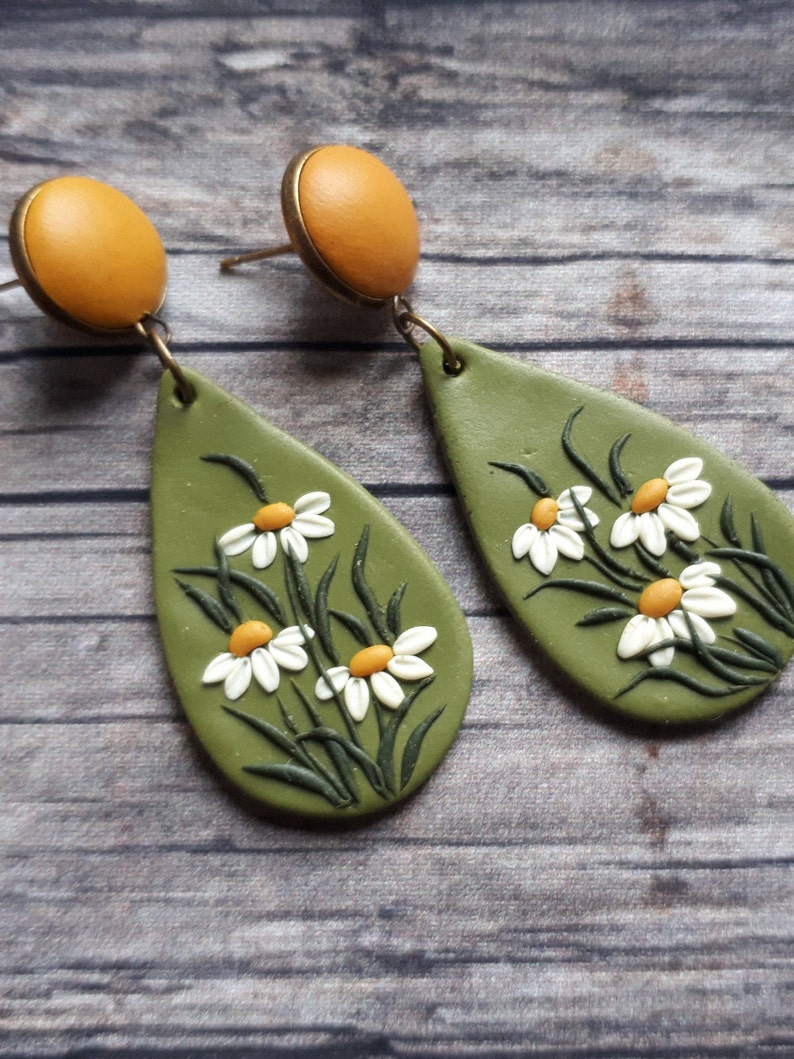 Mustard yellow and green large dangle earrings, Flower stud earrings, Boho polymer clay earrings, 21th Birthday gift for girlfriend for mom image 9