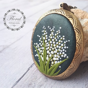 Lily of the valley Locket necklace with photo inside Christmas gift for Mom Vintage Antique locket for grandma Wife gift