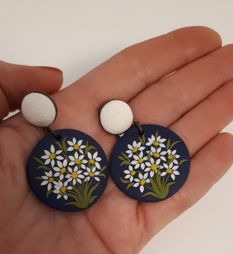 Large Daisy Dangle Polymer Clay Earrings, Mom Christmas gift from daughter, Wife gift image 5