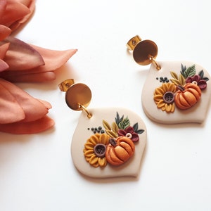 Polymer clay fall earrings with pumpkin and sunflower, Boho clay jewelry, autumn earrings