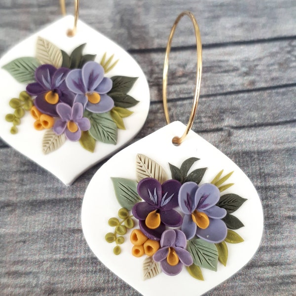 Violet polymer clay earrings with floral bouquet detail, purple wedding earrings, hoop clay February birth flower earrings for Mom birthday