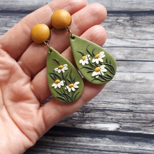 Mustard yellow and green large dangle earrings, Flower stud earrings, Boho polymer clay earrings, 21th Birthday gift for girlfriend for mom image 2