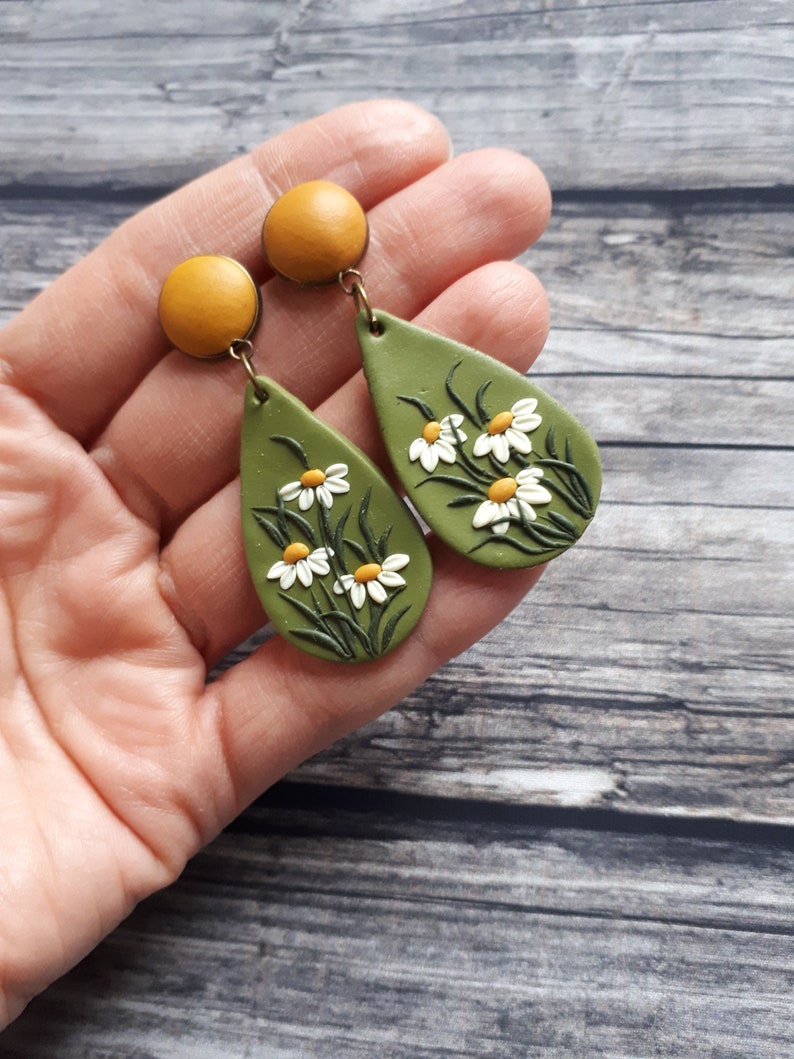 Mustard yellow and green large dangle earrings, Flower stud earrings, Boho polymer clay earrings, 21th Birthday gift for girlfriend for mom image 2