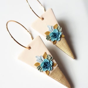 Polymer clay hoop earrings with blue floral, triangle earrings