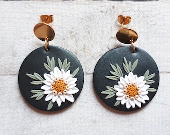Edelweiss earrings, Clay flower earrings, polymer clay earrings with edelweiss floral jewelry for birthday gift, Valentine's Day Gift