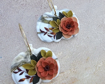 Autumn Floral Pumpkin Earrings, Polymer clay hoop earrings, Clay Fall earrings, Boho autumn jewelry