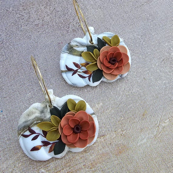 Autumn Floral Pumpkin Earrings, Polymer clay hoop earrings, Clay Fall earrings, Boho autumn jewelry