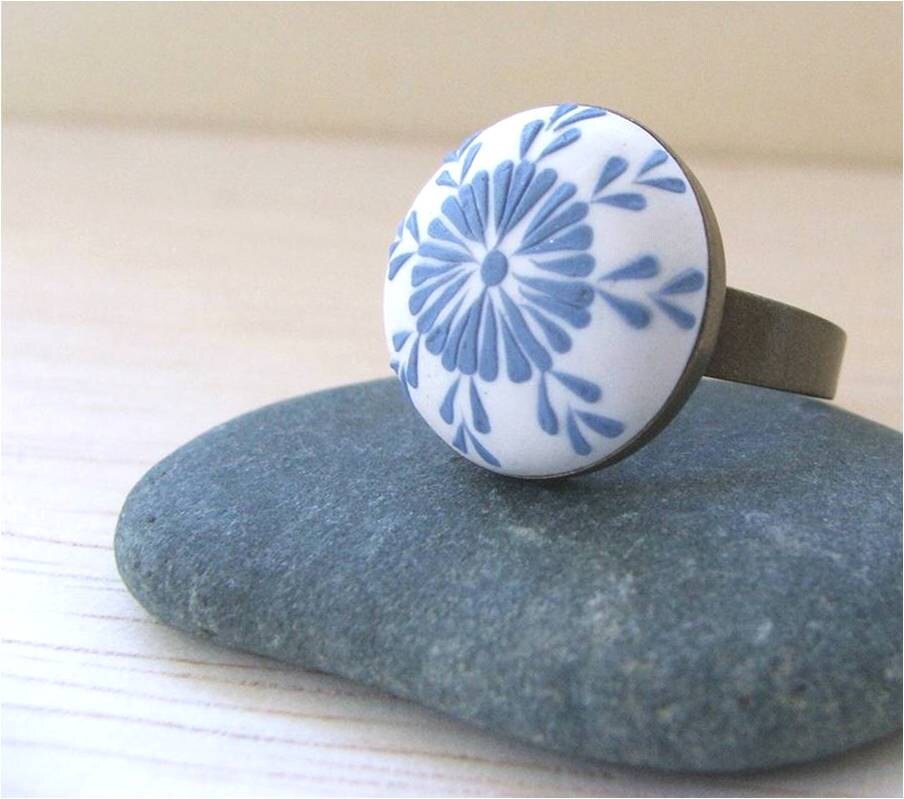 Ornamental Jewelry Polymer Clay Ring White and Blue Ring Etsy