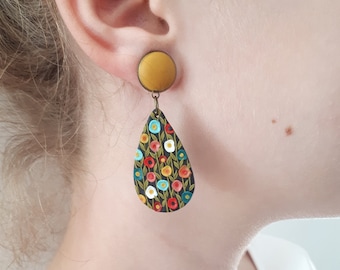 Polymer clay earrings with flower, mustard yellow dangle stud earrings, Mother's day gift, boho earrings for Mom